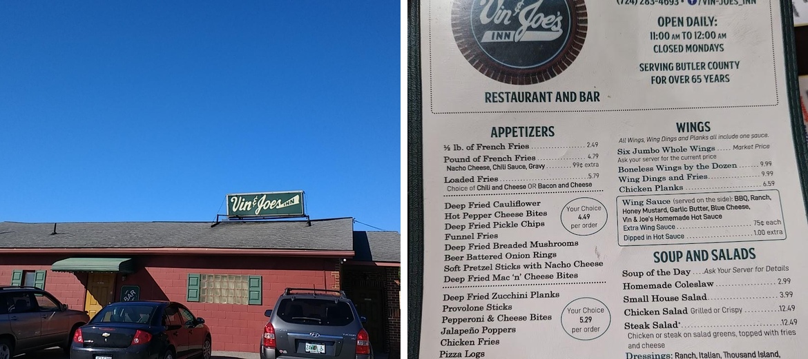 Vin & Joe's Inn Menu